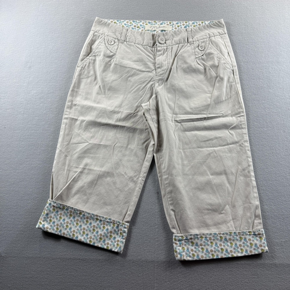 Madison Pants‎ Womens 12 Beige Twill Capri Cuffed Crop Floral Trim Pockets 34x17